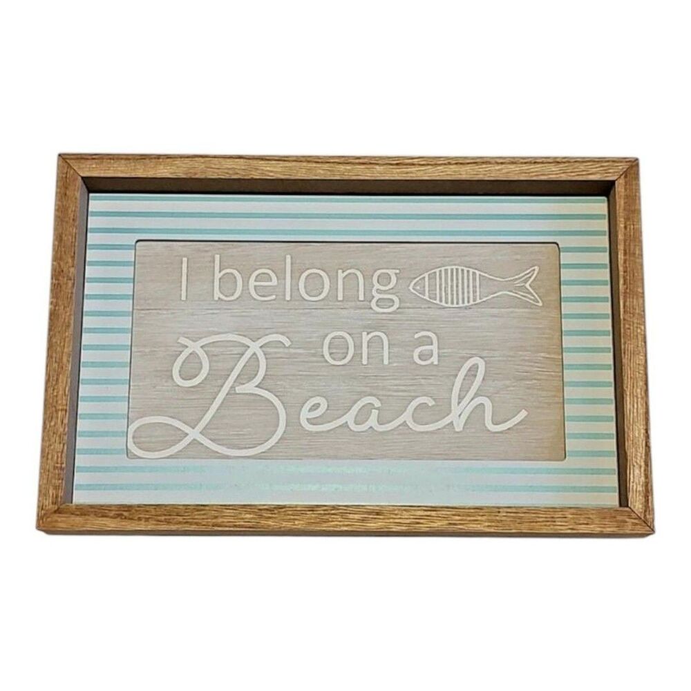 I Belong on a Beach Modern Coastal Nautical Tabletop Decor Sign Plaque Fish Teal